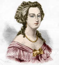 Portræt af Marquise of Boufflers Marie Francoise Catherine de Beauvau Craon (1711-1787). Indstik i "Prostitutionens og udskejelsens historie blandt alle verdens folkeslag fra oldtiden til i dag" af Dr. Th. -F. Debray. 1879.