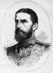 Portræt af prinsen af Rumænien Charles de Hoenzolern Sigmaringer (1839-1914), fremtidig konge under navnet Charles I (Carol I). Indgravering i "" Le Monde Illustré"" nr. 1054 af 23. juni 1877.