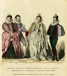 Portrætter i 1581 af Louise de Vaudemont (1553-1601), dronning af Frankrig, hustru til Henrik III (1551-1589), af den tredje hertug af Guise, Henri I, kendt som Balafre (1549-1588), af Marguerite af Lorraine (1564-1625) datter af greven af Vaudemont (Nicol