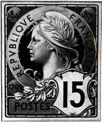 Frimærke forestillende Marianne, den franske republiks officielle repræsentation, ca. 1893