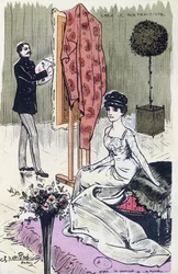 Postkort med en fashionabel portrætmaler på arbejde, 1910
