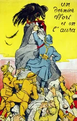 Plakat """ En sidste indsats, og vi vil have det""": allierede (Frankrig, USA, Rusland, osv...) når toppen af en klippe oppe på den tyske ørn. Lithograhie 1917.