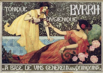 Plakat med reklame for "Byrrh, tonic and hygienic drink", ca. 1900 (gravering)