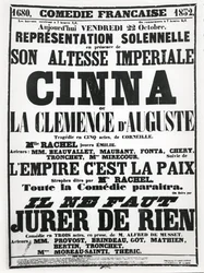 Plakat, der reklamerer for en forestilling på Comédie-Française den 22. oktober 1852 af Corneilles tragedie, Cinna, efterfulgt af en recitation af digtet LEmpire Cest La Paix og en forestilling af Alfred de Musse
