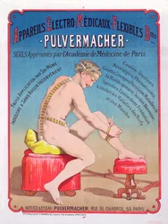 Plakat, der reklamerer for en elektromedicinsk kropsmassage- og stimulationsmaskine Pulvermacher, 1884