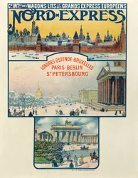 Plakat, der reklamerer for Compagnie des Wagons-Lits et des Grands Express Europeens, London til Skt. Petersborg, begyndelsen af det 20. århundrede