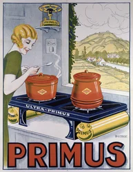 Plakat, der reklamerer for Primus kogepladen, trykt af Dampenon & Elarue