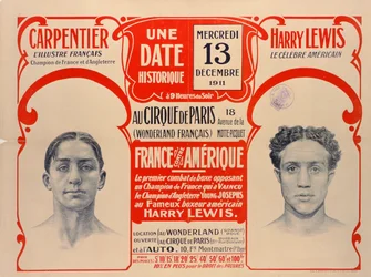 Plakat, der reklamerer for boksekampen mellem Carpentier og Harry Lewis, 1911