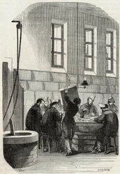 Indlæg: Sortering af breve til afdelinger og i udlandet - Indgravering i "Tableau-de-Paris" af Edmond Texier 1852
