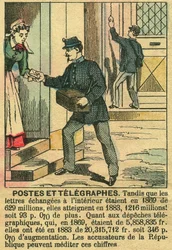 Poster og telegrafer, der illustrerer den gode funktion af telekommunikation og postvæsen takket være republikken. Gravering, i "" Le Figaro, supplement"", den 30/03/1889, Paris. Saml. Selva.