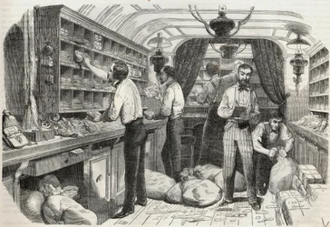 Indlæg: interiør af det mobile kontor - Indgravering i "Tableau-de-Paris" af Edmond Texier 1852