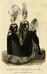 Prinsesse med sine æresdamer, omkring 1470. Farvestik efter bogen om Kong Renés turneringer, i "France et les francais a travers les siecles" af Augustin Challamel, F.Roy editor, Paris 1882. Selva-samlingen.