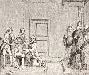 Fange udsat for tortur med støvlen, 1875