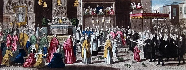 Procession under Fete-Dieu i Paris (farvet gravering)