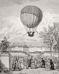 Professor Jacques Charles og Nicolas-Louis Robert flyver med verdens første bemandede brintballon den 1. december 1783 i Tuilleries Gardens, Paris, fra 