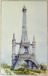Projekt til ændring af Eiffeltårnet til 1900-udstillingen (maj 1896). Stik fra 1896. Paris, Rigsarkivet