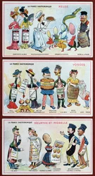 Salgsfremmende og pædagogiske kort til børn, der viser madspecialiteter fra Lorraine-regionen, ca. 1910