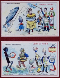 Salgsfremmende og pædagogiske kort til børn, der viser madspecialiteter fra Maine-et-Loire- og Loir-et-Cher-regionerne, ca. 1910