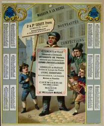 Kampagnekalender for 1887-reklamer for Canavy Freres-skræddere og sybeholdere, ca. 1886