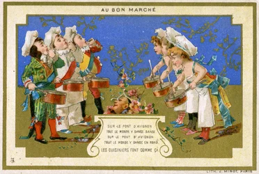 Salgsfremmende kort til det parisiske stormagasin Au Bon Marché, der viser kokke dansende på broen i Avignon, ca. 1895