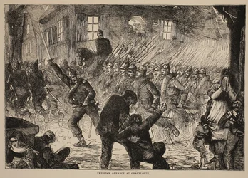 Preussisk fremrykning ved Gravelotte, illustration fra Cassells historie om krigen mellem Frankrig og Tyskland, 1870-1871