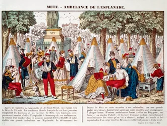 Preussisk krig: en ambulance installeret på esplanaden for at behandle de sårede i 1870 i Metz (gravering)