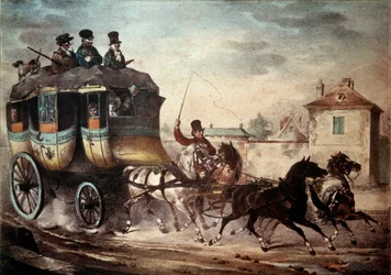 Offentlig transport: Diligence af linjen mellem Paris og Meaux. Illustration af Skurk i 1824. Compiegne, Chateau Museum