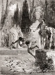 Publius Vedius Pollio, Roman equestrian, feeding a slave to his lamprey eels, from Les Merveilles de la Science, published c.1870dani