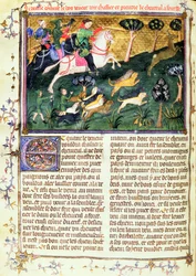 Forfølgelse af en rognbuk, fra Livre de la Chasse, original tekst skrevet af Gaston III, Comte de Foix Phebus le Chasseur (1331-91) Avignon, 1387-89 (gouache på pergament)