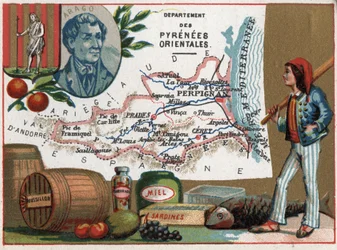 Pyrenees Orientales (66), Languedoc-Roussillon, Languedoc Roussillon, Frankrig. Portræt af Dominique Francois Jean Arago (1786-1853). Lokal specialitet: Honning og sardiner. Serie om de franske departementer. Chromolithography (Chromo) "" den geografiske t