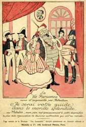 Erindring om 1914 for Michelin-dækket. La Vie Parisienne, revideret og udvidet af Bibendum: „Jeg vil være jeres guide i den pragtfulde verden, fordi Michelin, min far, giver jer verdens smukkeste organisation for bilturisme.“ På væggen en ramme med