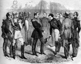 Modtagelse af den franske kejser Napoleon III (1808-1873) af den russiske zar Alexander II (1818-1881) i Warszawa (Polen)