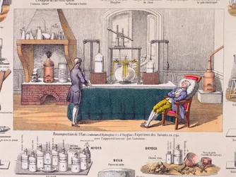 Gensammensætning af vand fra brint og oxygen: Antoine Laurent de Lavoisier (1743-94) eksperimenterer med en hvilende mands respiration, illustration fra en undervisningsplade, ca. 1860 (farvegravering)
