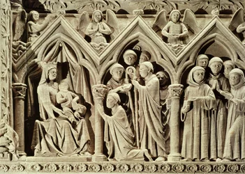 Relief, der viser præsentationen af munkene til jomfruen af St. Etienne af Aubazine, fra St. Etiennes grav