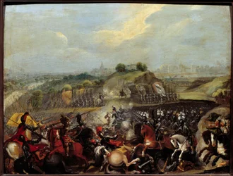 Religiøse krige: "" Henrik IV i slaget ved Ivry den 14/03/1590" Slaget ved Ivry den 14/03/1590 så den kongelige hærs sejr mod den katolske liga. Maximilian af Bethune, hertug af Sully, kongens minister, blev såret der. Maleri af Fren