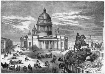Religiøs arkitektur: udsigt over den ortodokse kirke Saint Isaac (1819-1858) i Sankt Petersborg (Sankt Petersborg) i Rusland, bygget efter planerne fra arkitekten Ricard de Montferrand (1786-1858). Til højre er rytterstatuen af Peter den