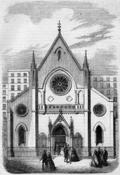 Religiøs arkitektur: udsigt over facaden af templet for amerikanere, der bor i Paris, rue de Berry, i 1857. Bygning bygget af arkitekten Mr. Salmon. Indgravering i "" Le Monde Illustré"" nr. 33 af 28. november 1857.