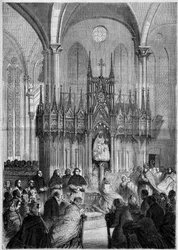 Religiøs kunst: statue af Notre Dame du Pillar eller "" Jomfru Noire"" (ca. 1540) i katedralen i Chartres (Eure et Loire, 28) i 1858. Indgravering i "" Le Monde Illustré"" nr. 89 af 25. december 1858.