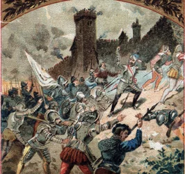 Religiøse krige: Huguenotterne erobrede slottet Dampierre i 1567. Kromolitografi fra slutningen af det 19. århundrede