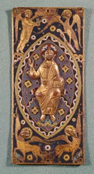 Relikvieplade, der forestiller Kristus med evangelisternes symboler (emaljeret kobber)