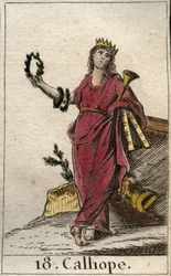 Fremstilling af Kalliope, den episke digtnings muse, hun holder en krone og eposets trompet i hånden. Fremstilling af Kalliope, den heroiske poesis muse. Fra „Ungdommens mytologi“ af Pierre Blanchard, 1803.