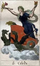 Repræsentation af Ceres på sin vogn, gudinde for landbrug, høst og fecondite (Ceres, gudinde for landbrug, frugtbarhed, repræsenteret på en vogn). fra "Mythologie de la jeunesse" af Pierre Blanchard 1803.