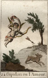 Repræsentation af Amor, eller Amour, tjener af Venus, som et barn med bind for øjnene, der tegner en pil (Amor, kærlighedens gud, som et barn med bind for øjnene, tegner en pil). Fra "Mythology of Youth" af Pierre Blanchard 1803.