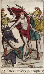 Repræsentation af Enee, der, beskyttet af Neptun, afviger fra kampen mod Achilleus. (Repræsentation af Aeneas, der beskyttet af Neptun forlader kampen mod Achilleus). Fra "Mythology of Youth" af Pierre Blanchard 1803.