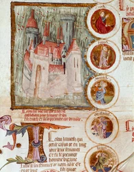 Repræsentation af Enocham, første citat af verden grundlagt af Yared (Yered, Jared eller Jareth) som hyldest til hans søn Enoch (Henoch eller Henoc) Page taget fra manuskriptet "Genealogy de la Bible"" fra den franske skole. Cremone fra det 14. århundrede,