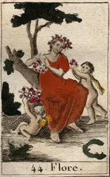 Repræsentation af Flora (Flora), gudinde for blomster. (Flora, blomstergudinden og forårstiden) Fra "Mythologie de la jeunesse" af Pierre Blanchard 1803.