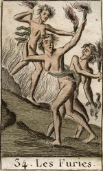 Repræsentation af Furies, Tisphone, Megere og Alecton, forfølgende af guddommelige, som discharnees (Furies, Tisphone, Megaera og Alecto, repræsenteret som afmagrede kvinder). Fra "Mythology of Youth" af Pierre Blanchard 1803.