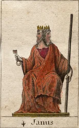 Fremstilling af Janus, guden for begyndelser og overgange, afbildet med to ansigter (Janus eller Ianus er guden for porte, døre, begyndelser og afslutninger, afbildet med to ansigter og en nøgle). Fra «Ungdommens mytologi» af Pierre Blanchard, 1803.