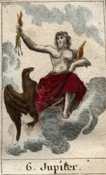 Fremstilling af Jupiter (eller Jove), gudernes konge og himlens og tordenens gud. Fra «Ungdommens mytologi» af Pierre Blanchard, 1803.
