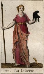 Repræsentation af Liberte som en kvinde med en frygisk hat og en spade. (Friheden som ung kvinde med en frygisk hat og en gedde). Fra "Mythology of Youth" af Pierre Blanchard 1803.